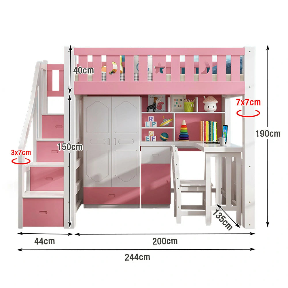 LUXORA Multifunctional Bunk Bed 120/135/150cm Eco-Friendly Solid Wood, 40cm Guardrails, Built-in Desk Bookshelf Wardrobe, Wide Safe Ladder - Pink