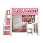 LUXORA Multifunctional Bunk Bed 120/135/150cm Eco-Friendly Solid Wood, 40cm Guardrails, Built-in Desk Bookshelf Wardrobe, Wide Safe Ladder - Pink