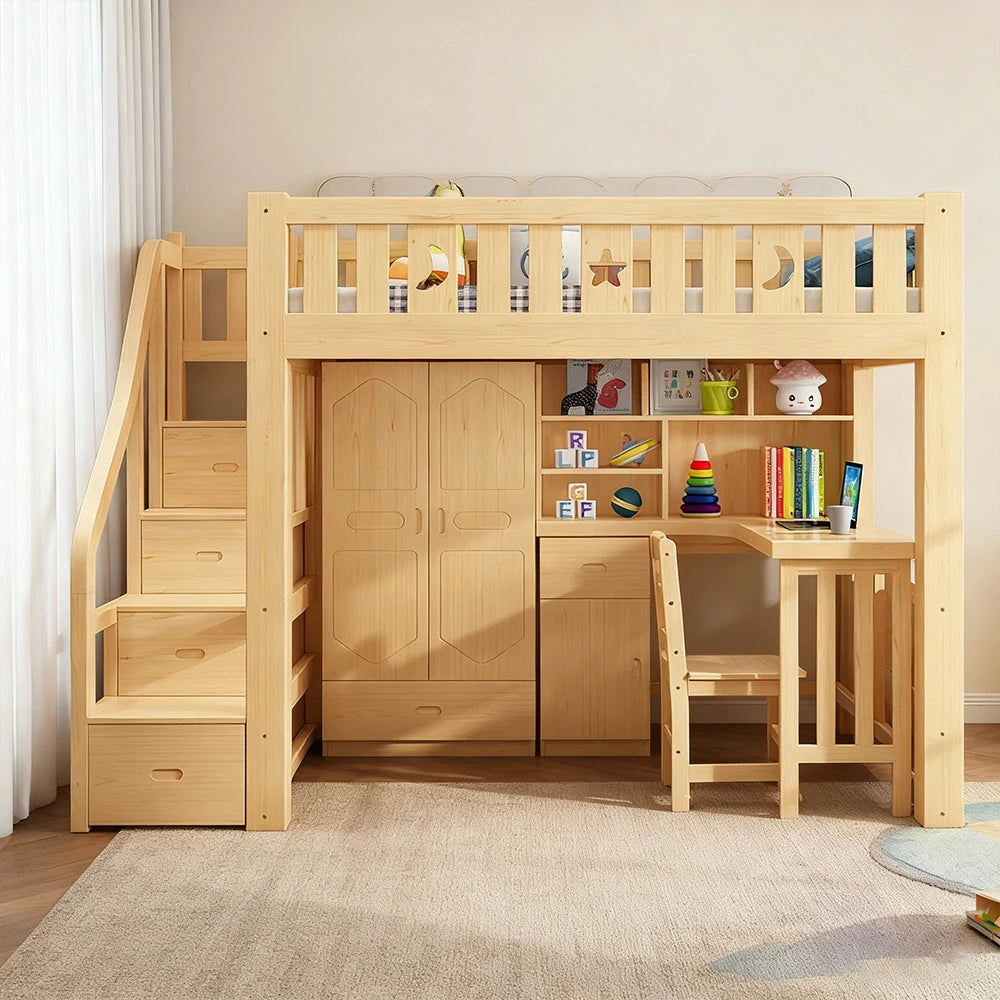 LUXORA Multifunctional Bunk Bed 120/135/150cm Eco-Friendly Solid Wood, 40cm Guardrails, Built-in Desk Bookshelf Wardrobe, Wide Safe Ladder - Wood