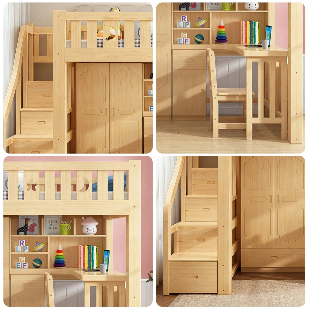 LUXORA Multifunctional Bunk Bed 120/135/150cm Eco-Friendly Solid Wood, 40cm Guardrails, Built-in Desk Bookshelf Wardrobe, Wide Safe Ladder - Wood