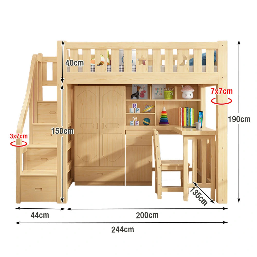 LUXORA Multifunctional Bunk Bed 120/135/150cm Eco-Friendly Solid Wood, 40cm Guardrails, Built-in Desk Bookshelf Wardrobe, Wide Safe Ladder - Wood
