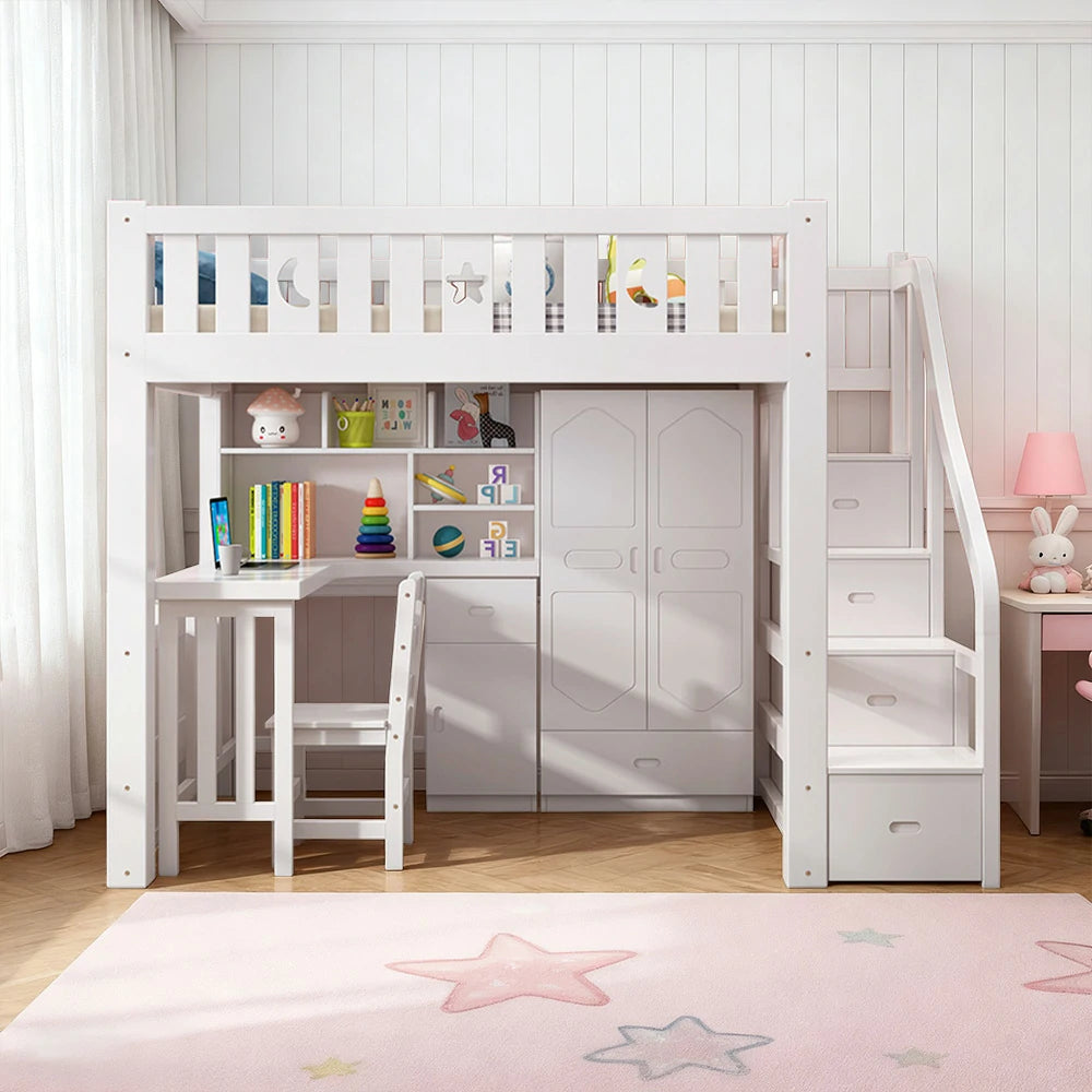 LUXORA Multifunctional Bunk Bed 120/135/150cm Eco-Friendly Solid Wood, 40cm Guardrails, Built-in Desk Bookshelf Wardrobe, Wide Safe Ladder - White