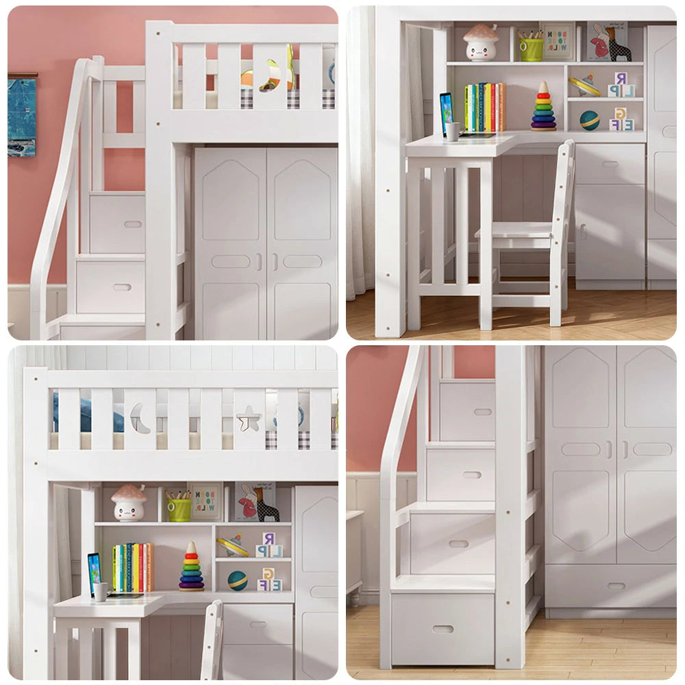LUXORA Multifunctional Bunk Bed 120/135/150cm Eco-Friendly Solid Wood, 40cm Guardrails, Built-in Desk Bookshelf Wardrobe, Wide Safe Ladder - White