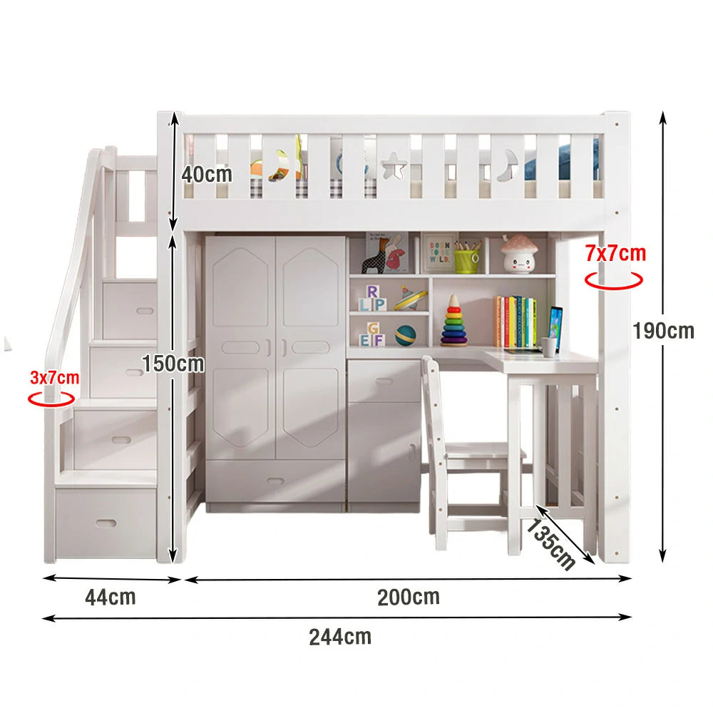 LUXORA Multifunctional Bunk Bed 120/135/150cm Eco-Friendly Solid Wood, 40cm Guardrails, Built-in Desk Bookshelf Wardrobe, Wide Safe Ladder - White