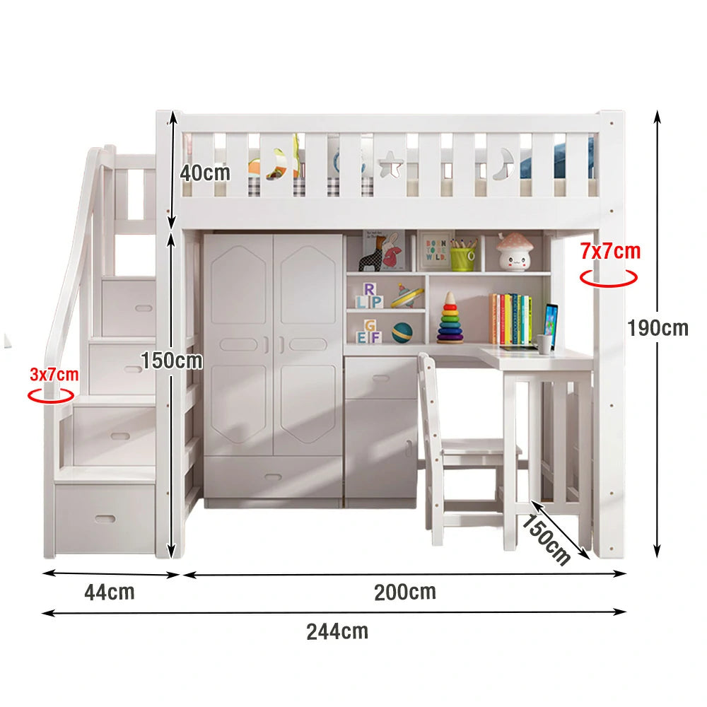 LUXORA Multifunctional Bunk Bed 120/135/150cm Eco-Friendly Solid Wood, 40cm Guardrails, Built-in Desk Bookshelf Wardrobe, Wide Safe Ladder - White