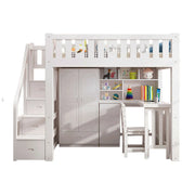 LUXORA Multifunctional Bunk Bed 120/135/150cm Eco-Friendly Solid Wood, 40cm Guardrails, Built-in Desk Bookshelf Wardrobe, Wide Safe Ladder - White