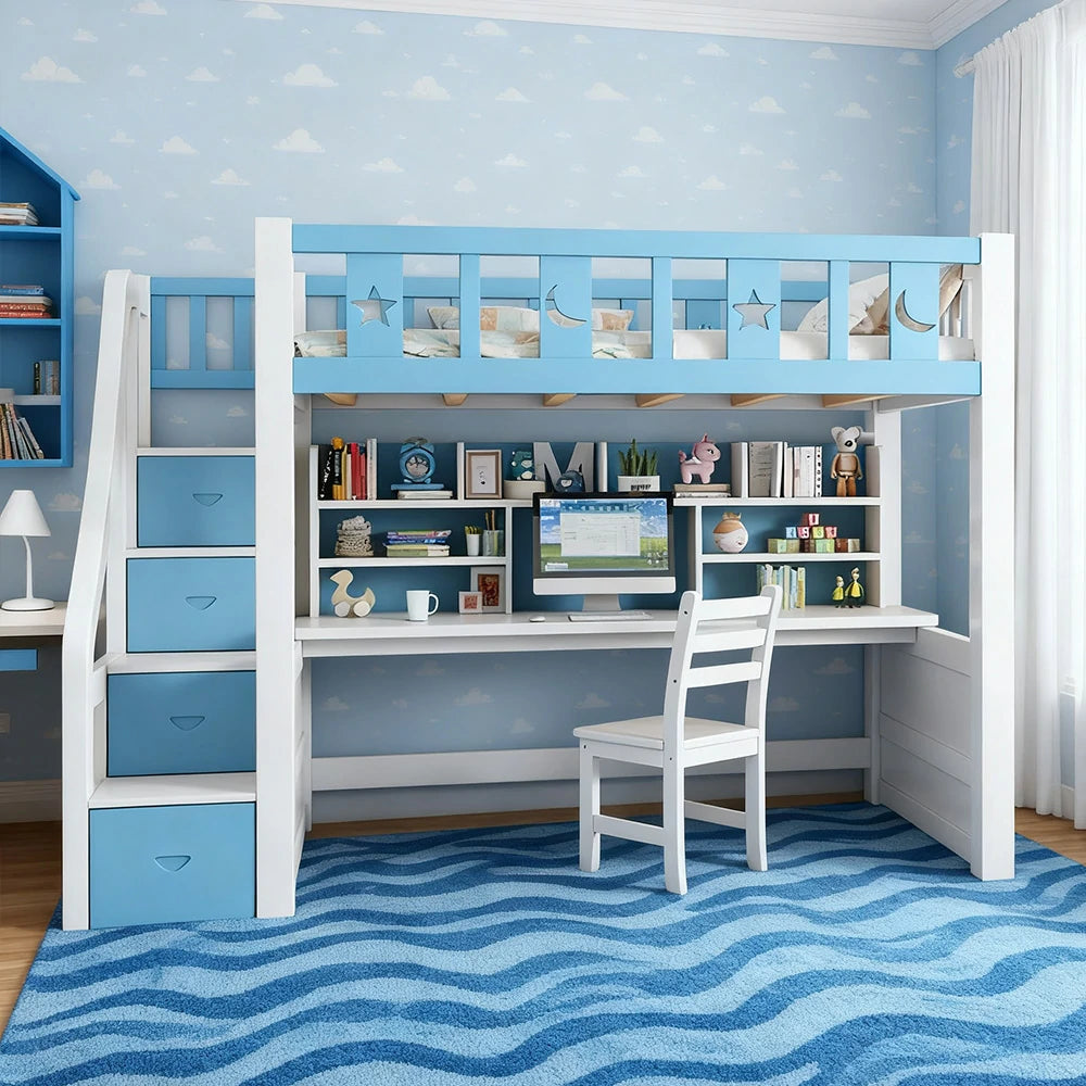 LUXORA Multifunctional Bunk Bed 120/135/150cm Eco-Friendly Solid Wood, Built-in Desk with Bookshelf, Extra Storage Cabinet, Wide Safe Ladder - Blue