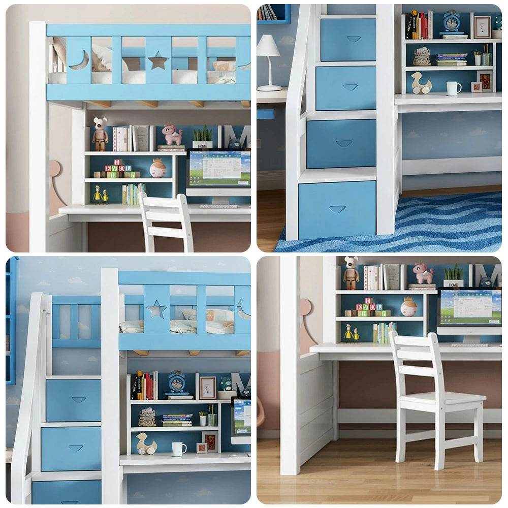 LUXORA Multifunctional Bunk Bed 120/135/150cm Eco-Friendly Solid Wood, Built-in Desk with Bookshelf, Extra Storage Cabinet, Wide Safe Ladder - Blue