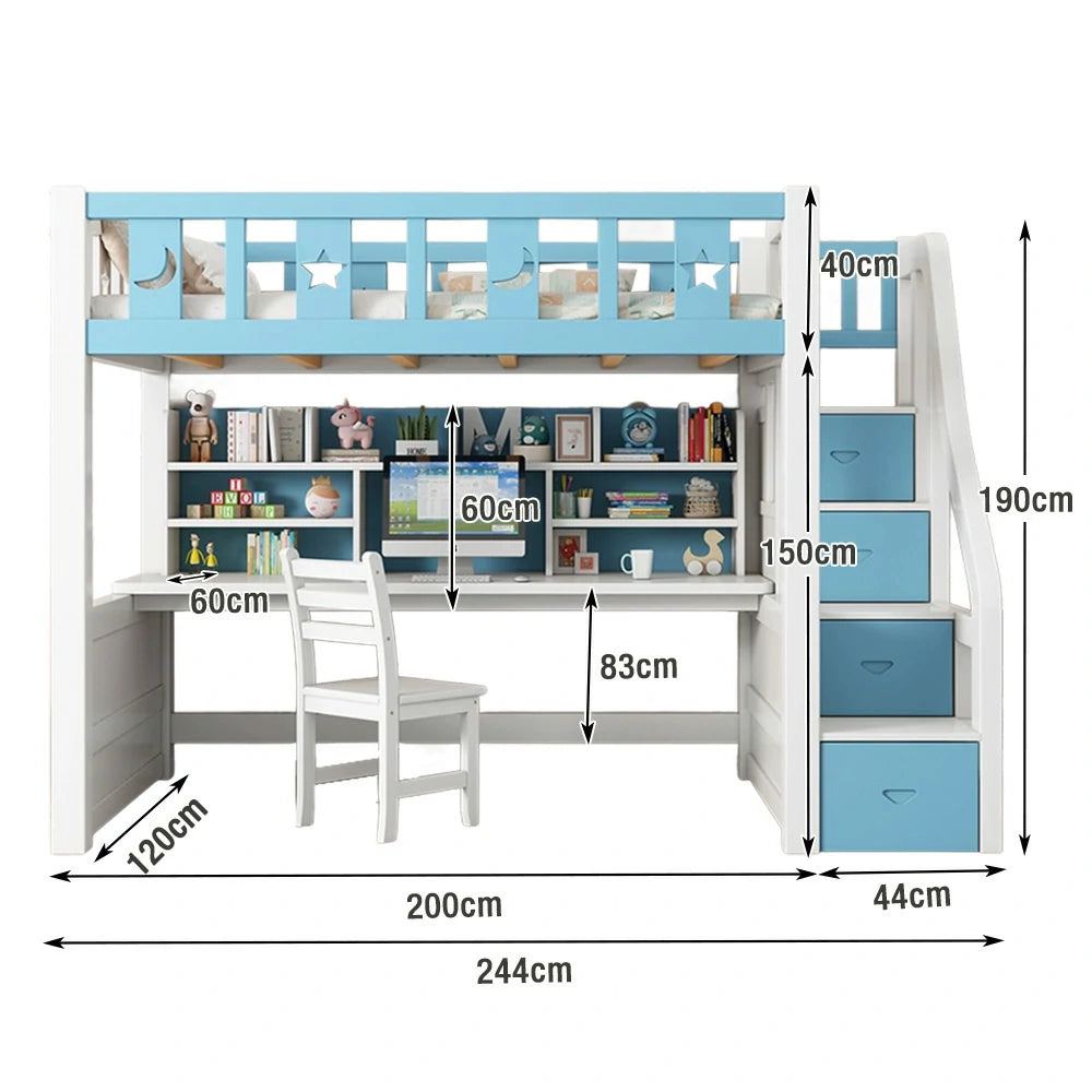 LUXORA Multifunctional Bunk Bed 120/135/150cm Eco-Friendly Solid Wood, Built-in Desk with Bookshelf, Extra Storage Cabinet, Wide Safe Ladder - Blue