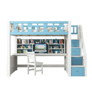LUXORA Multifunctional Bunk Bed 120/135/150cm Eco-Friendly Solid Wood, Built-in Desk with Bookshelf, Extra Storage Cabinet, Wide Safe Ladder - Blue