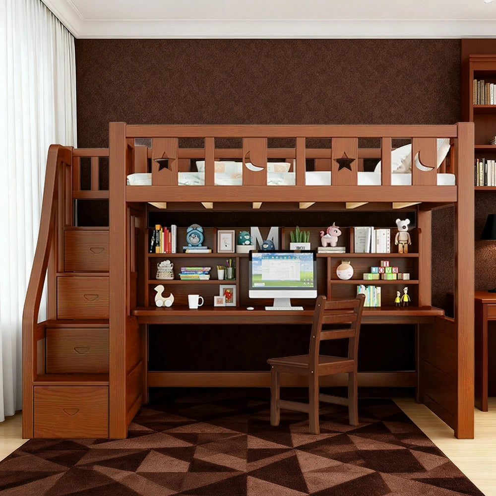 LUXORA Multifunctional Bunk Bed 120/135/150cm Eco-Friendly Solid Wood, Built-in Desk with Bookshelf, Extra Storage Cabinet, Wide Safe Ladder - Brown