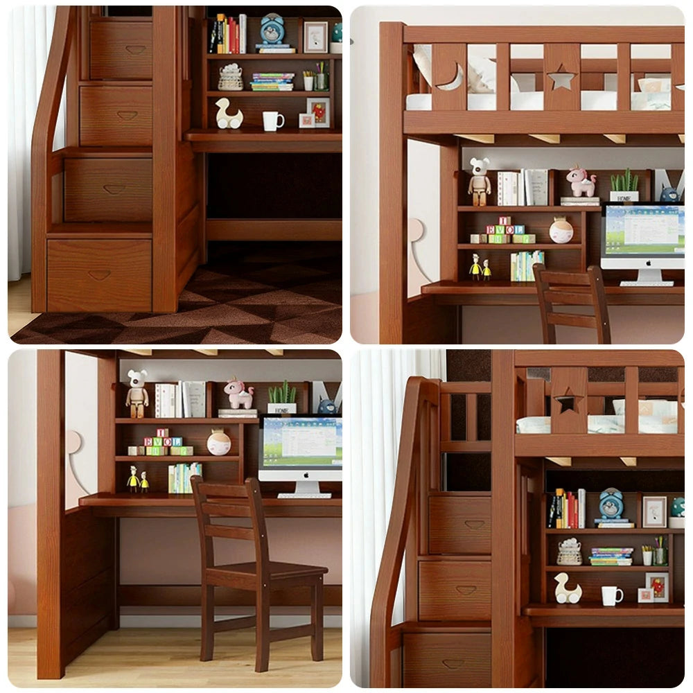 LUXORA Multifunctional Bunk Bed 120/135/150cm Eco-Friendly Solid Wood, Built-in Desk with Bookshelf, Extra Storage Cabinet, Wide Safe Ladder - Brown
