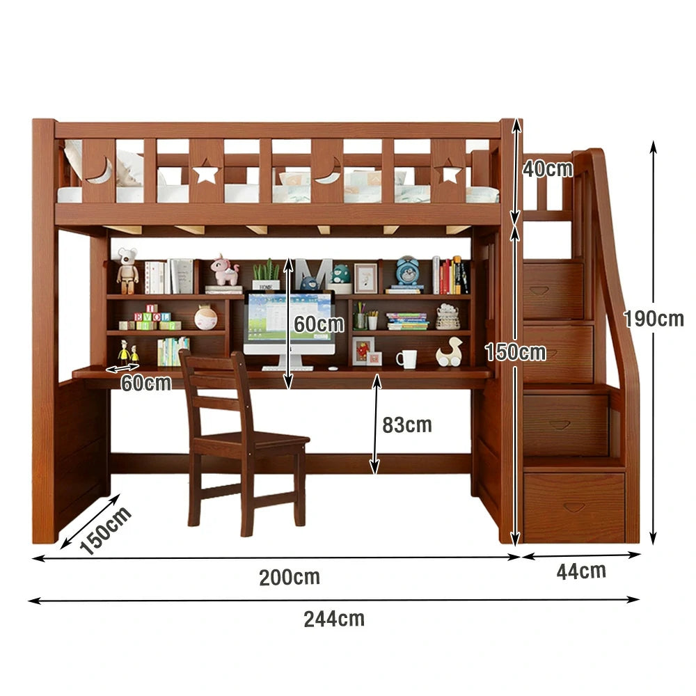 LUXORA Multifunctional Bunk Bed 120/135/150cm Eco-Friendly Solid Wood, Built-in Desk with Bookshelf, Extra Storage Cabinet, Wide Safe Ladder - Brown