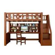 LUXORA Multifunctional Bunk Bed 120/135/150cm Eco-Friendly Solid Wood, Built-in Desk with Bookshelf, Extra Storage Cabinet, Wide Safe Ladder - Brown