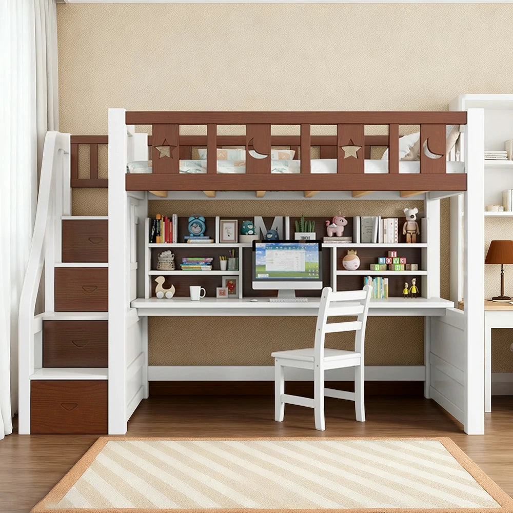 LUXORA Multifunctional Bunk Bed 120/135/150cm Eco-Friendly Solid Wood, Built-in Desk with Bookshelf, Extra Storage Cabinet, Wide Safe Ladder - Brown & White