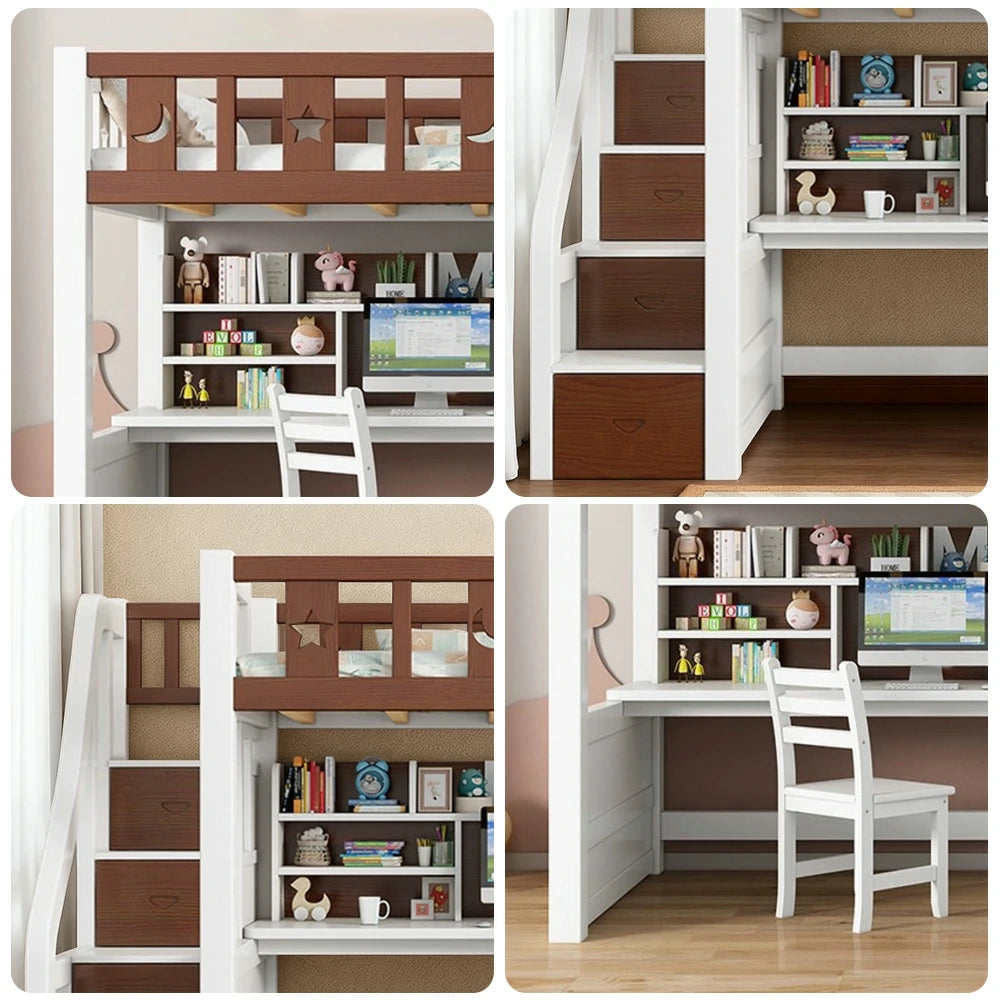 LUXORA Multifunctional Bunk Bed 120/135/150cm Eco-Friendly Solid Wood, Built-in Desk with Bookshelf, Extra Storage Cabinet, Wide Safe Ladder - Brown & White