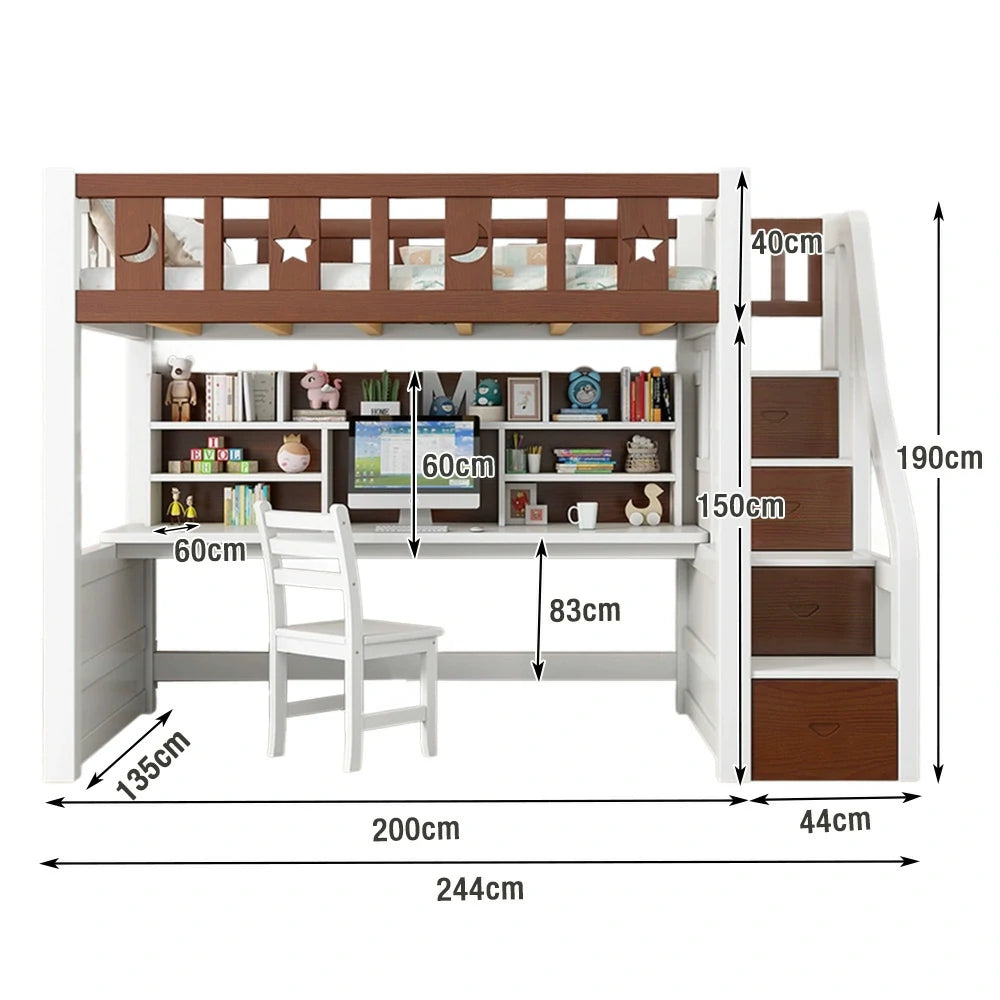LUXORA Multifunctional Bunk Bed 120/135/150cm Eco-Friendly Solid Wood, Built-in Desk with Bookshelf, Extra Storage Cabinet, Wide Safe Ladder - Brown & White