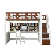 LUXORA Multifunctional Bunk Bed 120/135/150cm Eco-Friendly Solid Wood, Built-in Desk with Bookshelf, Extra Storage Cabinet, Wide Safe Ladder - Brown & White