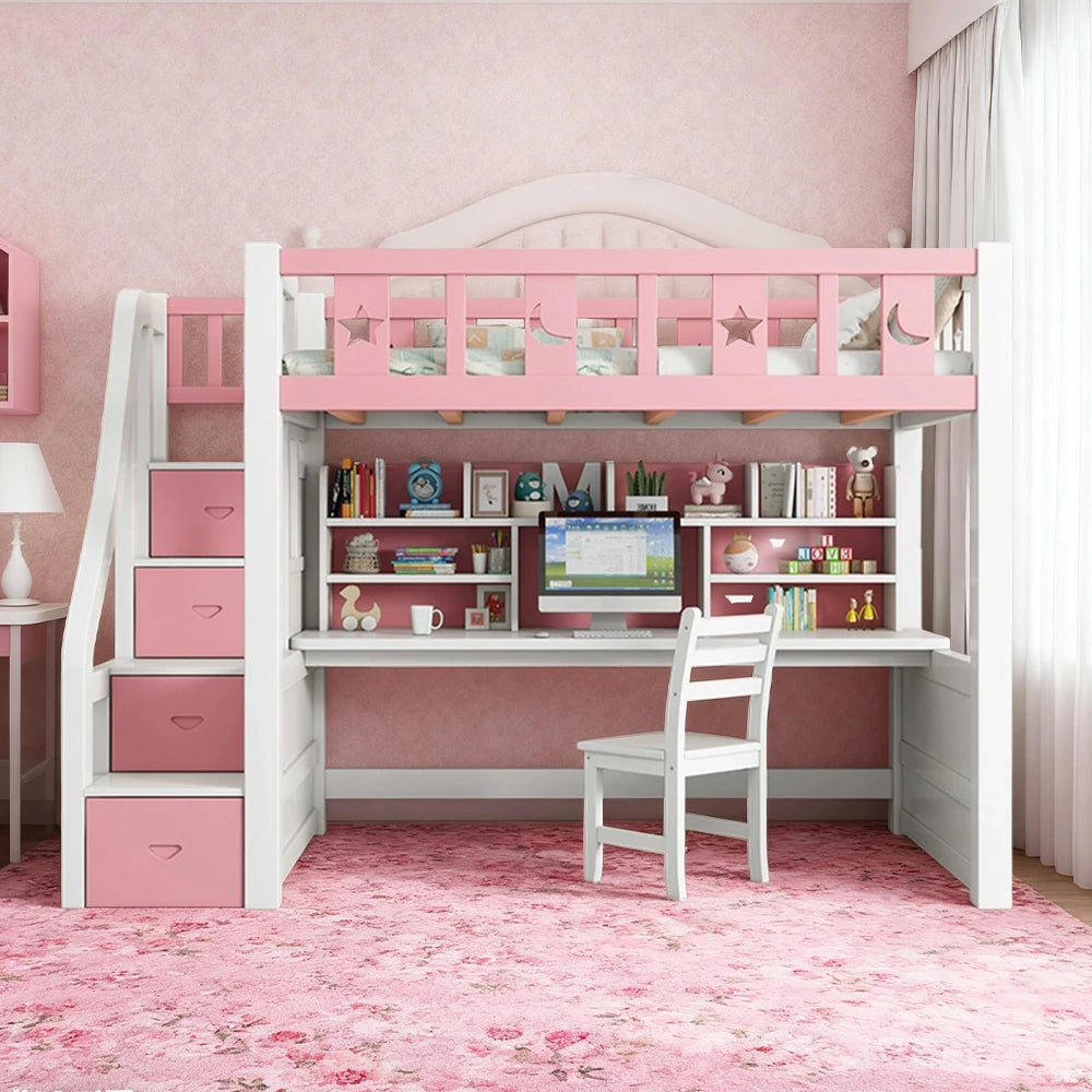 LUXORA Multifunctional Bunk Bed 120/135/150cm Eco-Friendly Solid Wood, Built-in Desk with Bookshelf, Extra Storage Cabinet, Wide Safe Ladder - Pink