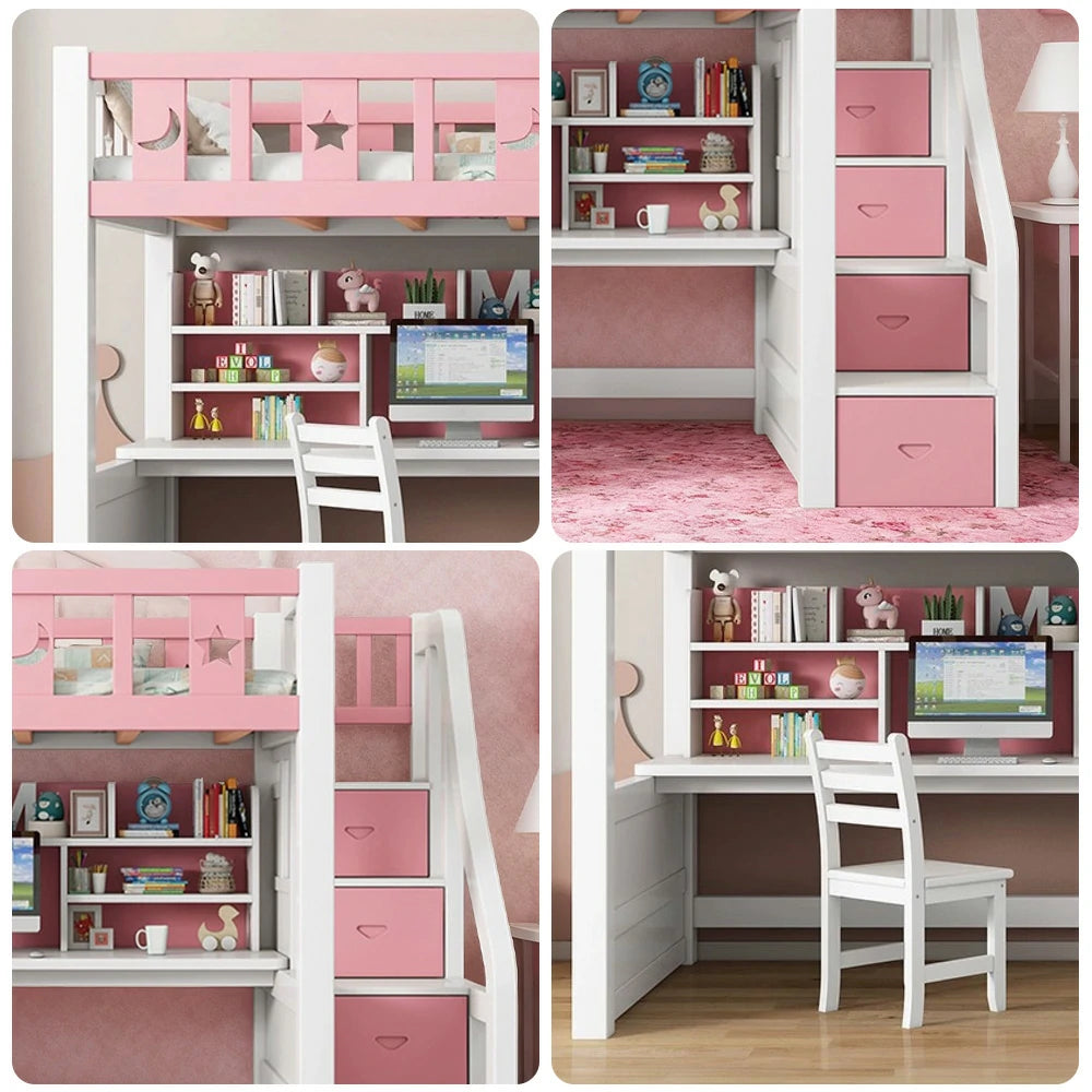LUXORA Multifunctional Bunk Bed 120/135/150cm Eco-Friendly Solid Wood, Built-in Desk with Bookshelf, Extra Storage Cabinet, Wide Safe Ladder - Pink