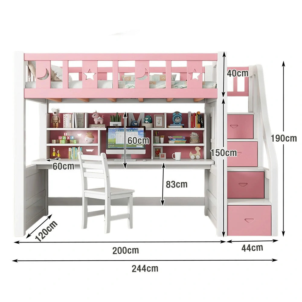 LUXORA Multifunctional Bunk Bed 120/135/150cm Eco-Friendly Solid Wood, Built-in Desk with Bookshelf, Extra Storage Cabinet, Wide Safe Ladder - Pink