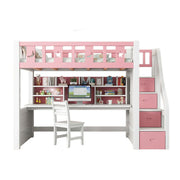 LUXORA Multifunctional Bunk Bed 120/135/150cm Eco-Friendly Solid Wood, Built-in Desk with Bookshelf, Extra Storage Cabinet, Wide Safe Ladder - Pink