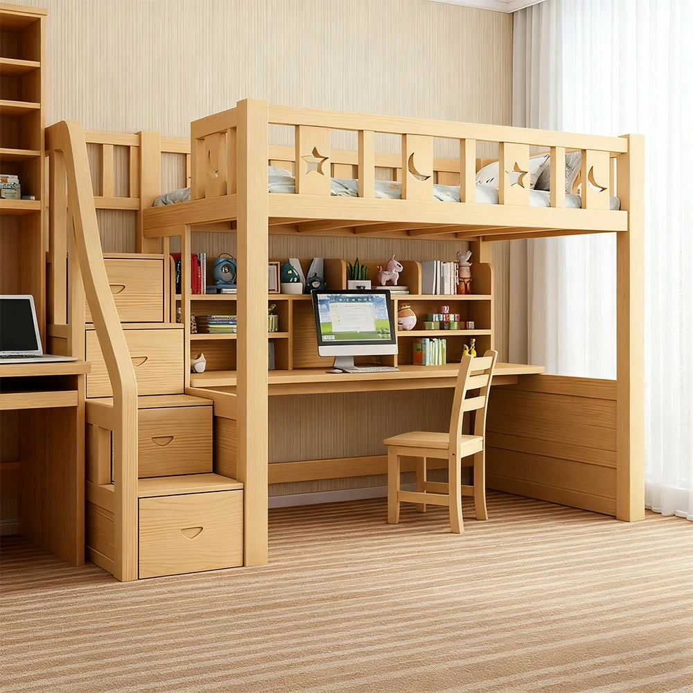 LUXORA Multifunctional Bunk Bed 120/135/150cm Eco-Friendly Solid Wood, Built-in Desk with Bookshelf, Extra Storage Cabinet, Wide Safe Ladder - Wood