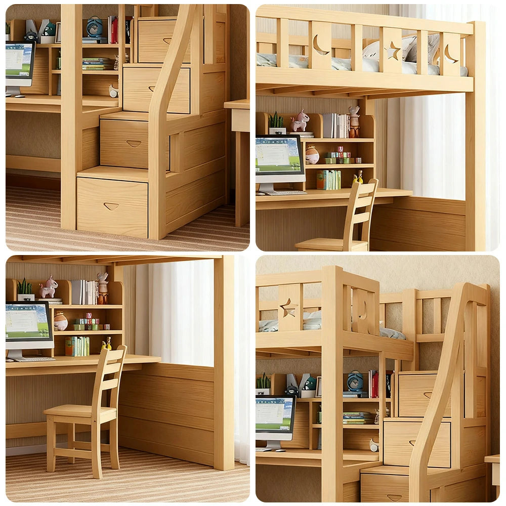 LUXORA Multifunctional Bunk Bed 120/135/150cm Eco-Friendly Solid Wood, Built-in Desk with Bookshelf, Extra Storage Cabinet, Wide Safe Ladder - Wood
