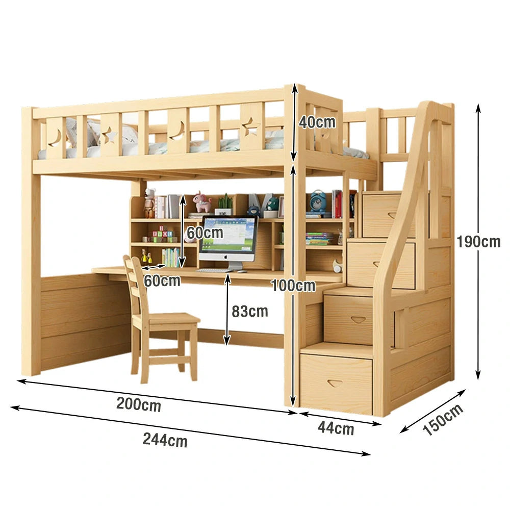LUXORA Multifunctional Bunk Bed 120/135/150cm Eco-Friendly Solid Wood, Built-in Desk with Bookshelf, Extra Storage Cabinet, Wide Safe Ladder - Wood