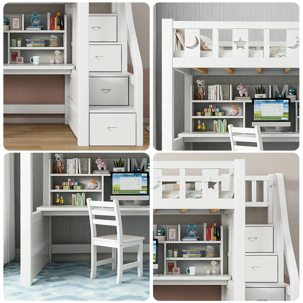 LUXORA Multifunctional Bunk Bed 120/135/150cm Eco-Friendly Solid Wood, Built-in Desk with Bookshelf, Extra Storage Cabinet, Wide Safe Ladder - White