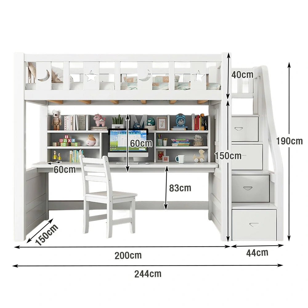 LUXORA Multifunctional Bunk Bed 120/135/150cm Eco-Friendly Solid Wood, Built-in Desk with Bookshelf, Extra Storage Cabinet, Wide Safe Ladder - White