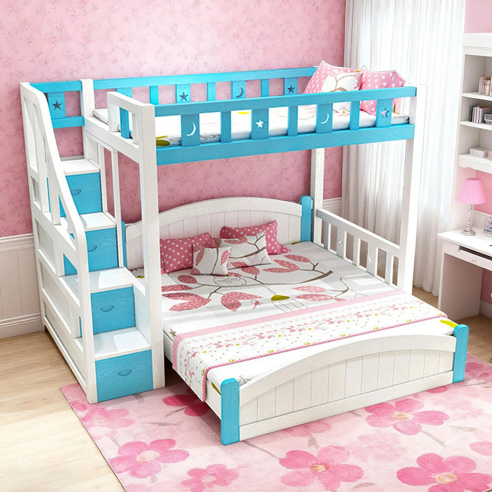 LUXORA Bunk Bed 120/135/150cm - Eco-Friendly Solid Wood, Reinforced Legs with Protective Edging, Wide Ladder Cabinet, Safe and Durable Design - Blue