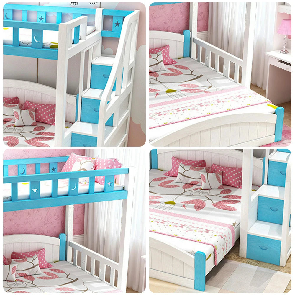 LUXORA Bunk Bed 120/135/150cm - Eco-Friendly Solid Wood, Reinforced Legs with Protective Edging, Wide Ladder Cabinet, Safe and Durable Design - Blue
