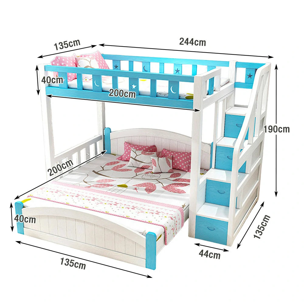 LUXORA Bunk Bed 120/135/150cm - Eco-Friendly Solid Wood, Reinforced Legs with Protective Edging, Wide Ladder Cabinet, Safe and Durable Design - Blue