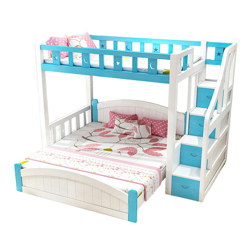 LUXORA Bunk Bed 120/135/150cm - Eco-Friendly Solid Wood, Reinforced Legs with Protective Edging, Wide Ladder Cabinet, Safe and Durable Design - Blue