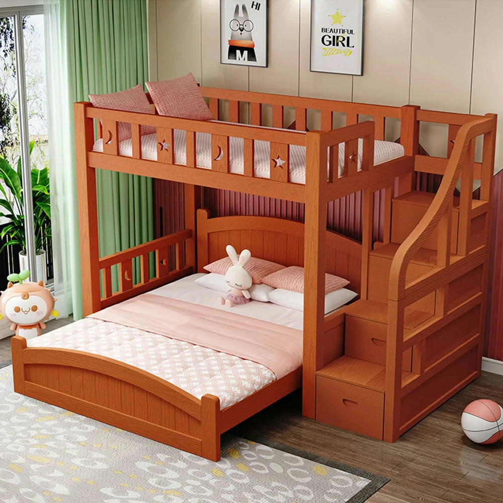 LUXORA Bunk Bed 120/135/150cm - Eco-Friendly Solid Wood, Reinforced Legs with Protective Edging, Wide Ladder Cabinet, Safe and Durable Design - Brown
