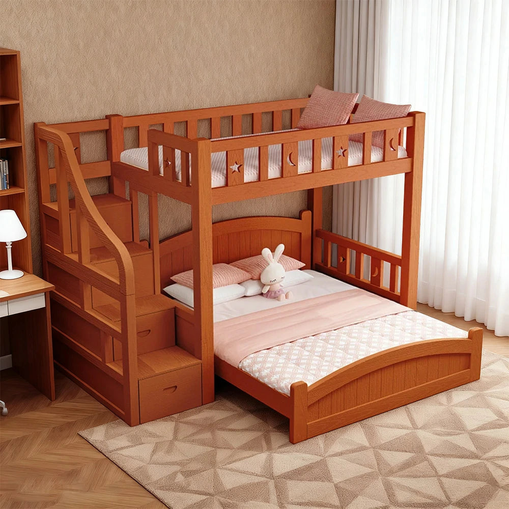 LUXORA Bunk Bed 120/135/150cm - Eco-Friendly Solid Wood, Reinforced Legs with Protective Edging, Wide Ladder Cabinet, Safe and Durable Design - Brown
