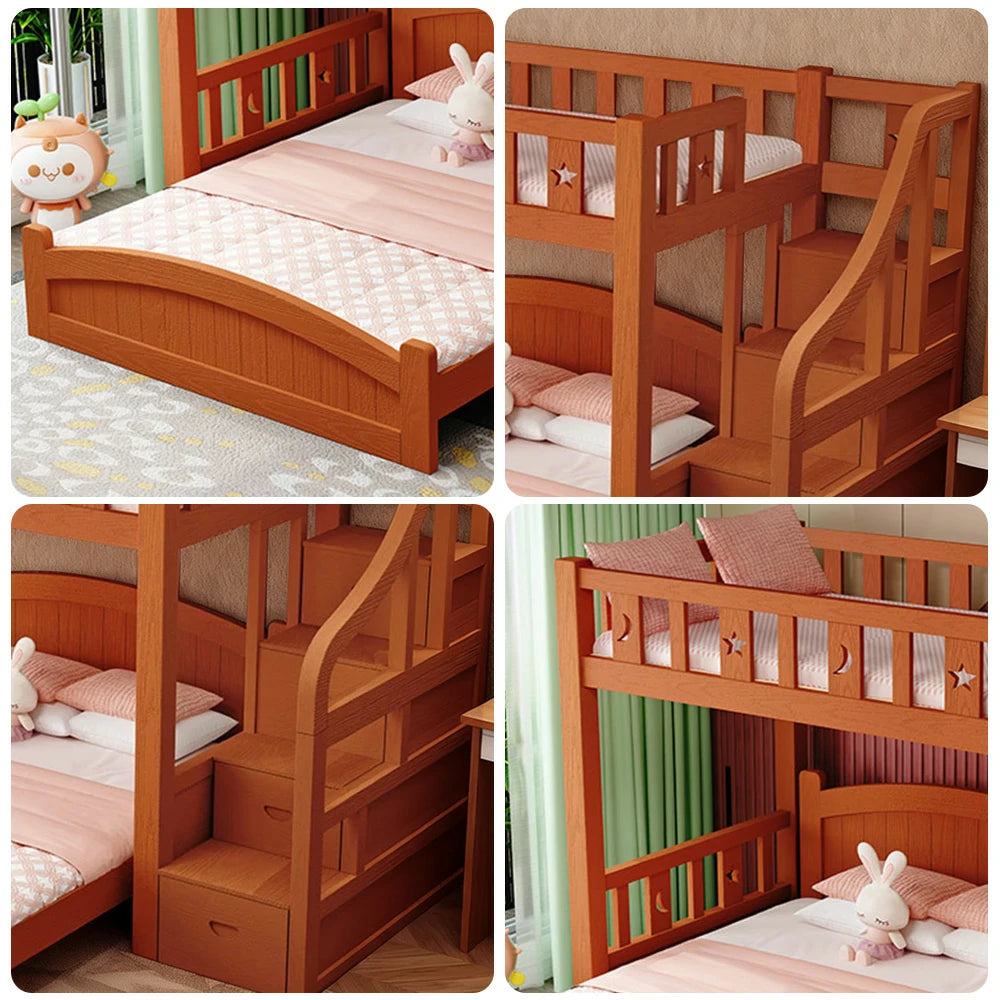 LUXORA Bunk Bed 120/135/150cm - Eco-Friendly Solid Wood, Reinforced Legs with Protective Edging, Wide Ladder Cabinet, Safe and Durable Design - Brown