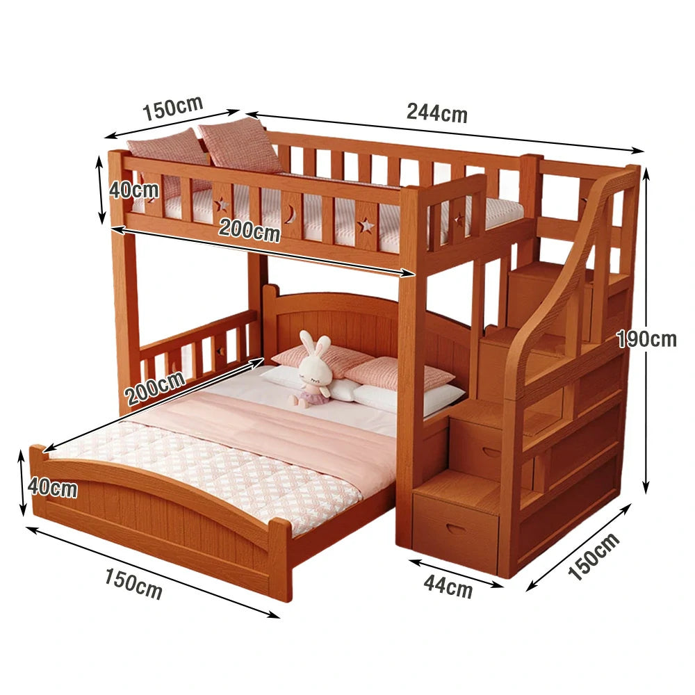 LUXORA Bunk Bed 120/135/150cm - Eco-Friendly Solid Wood, Reinforced Legs with Protective Edging, Wide Ladder Cabinet, Safe and Durable Design - Brown