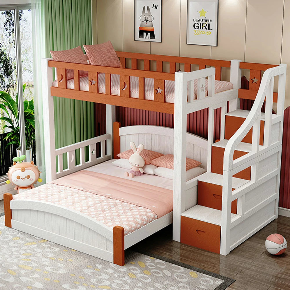 LUXORA Bunk Bed 120/135/150cm - Eco-Friendly Solid Wood, Reinforced Legs with Protective Edging, Wide Ladder Cabinet, Safe and Durable Design - Brown and White