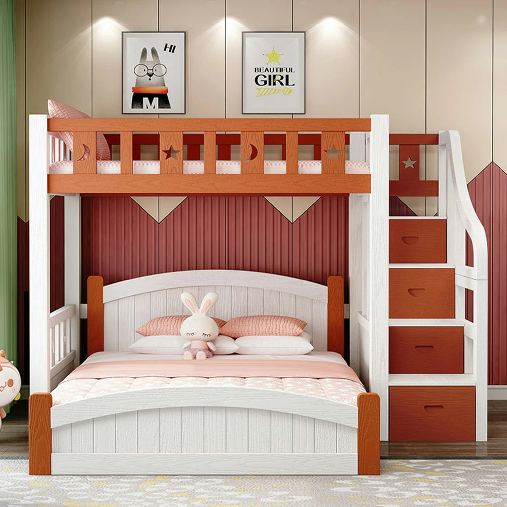 LUXORA Bunk Bed 120/135/150cm - Eco-Friendly Solid Wood, Reinforced Legs with Protective Edging, Wide Ladder Cabinet, Safe and Durable Design - Brown and White