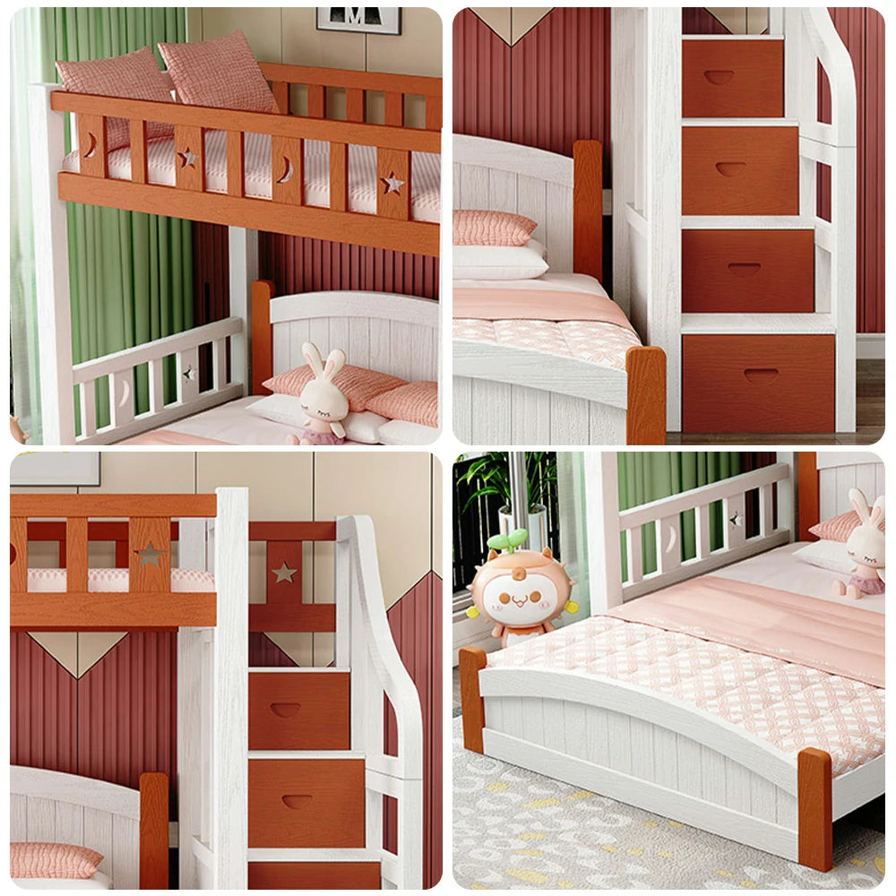 LUXORA Bunk Bed 120/135/150cm - Eco-Friendly Solid Wood, Reinforced Legs with Protective Edging, Wide Ladder Cabinet, Safe and Durable Design - Brown and White