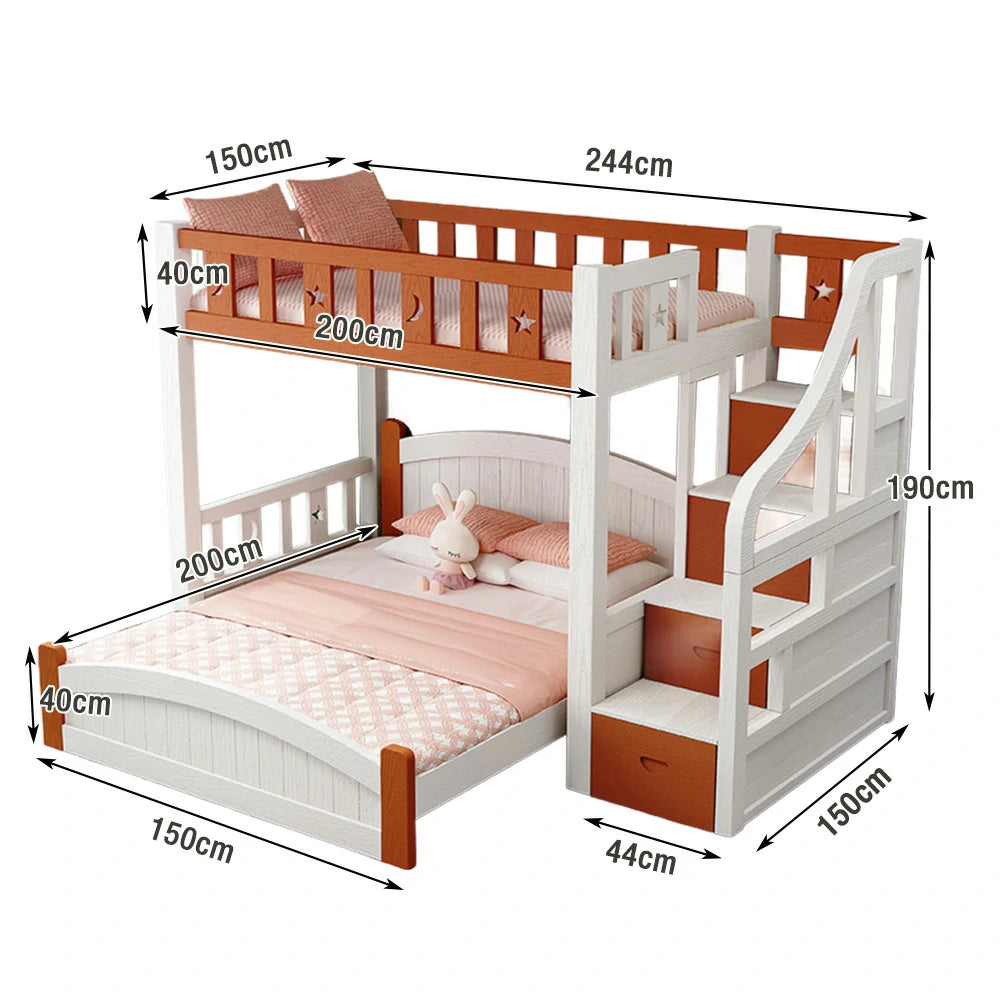 LUXORA Bunk Bed 120/135/150cm - Eco-Friendly Solid Wood, Reinforced Legs with Protective Edging, Wide Ladder Cabinet, Safe and Durable Design - Brown and White
