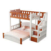 LUXORA Bunk Bed 120/135/150cm - Eco-Friendly Solid Wood, Reinforced Legs with Protective Edging, Wide Ladder Cabinet, Safe and Durable Design - Brown and White