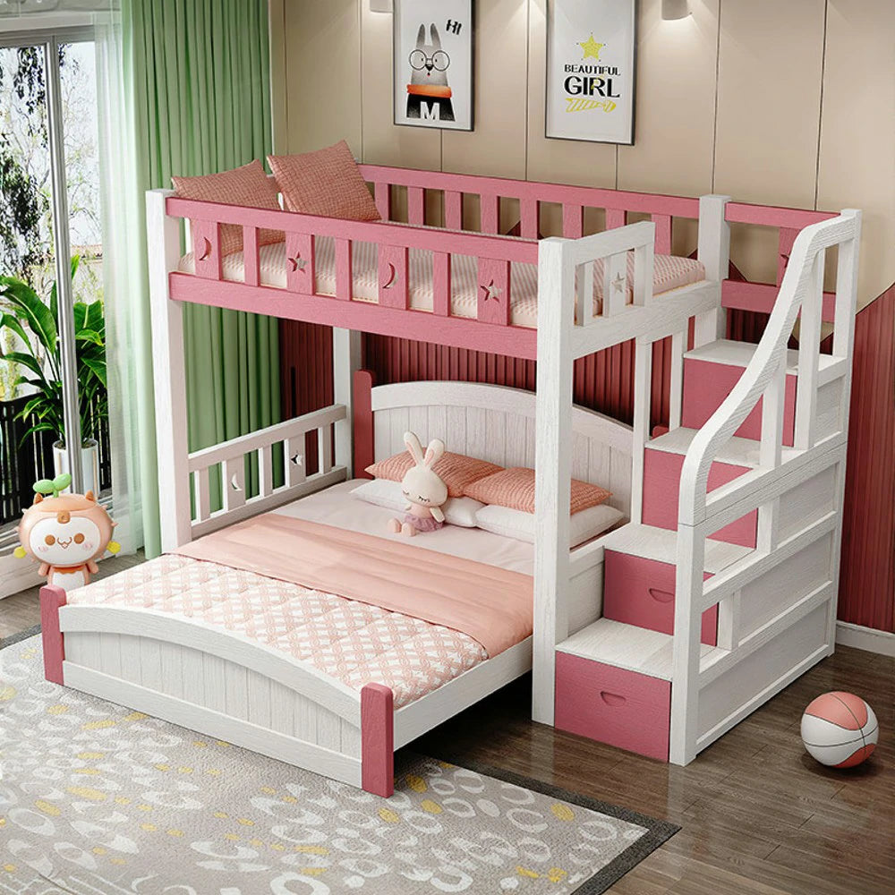 LUXORA Bunk Bed 120/135/150cm - Eco-Friendly Solid Wood, Reinforced Legs with Protective Edging, Wide Ladder Cabinet, Safe and Durable Design - Pink