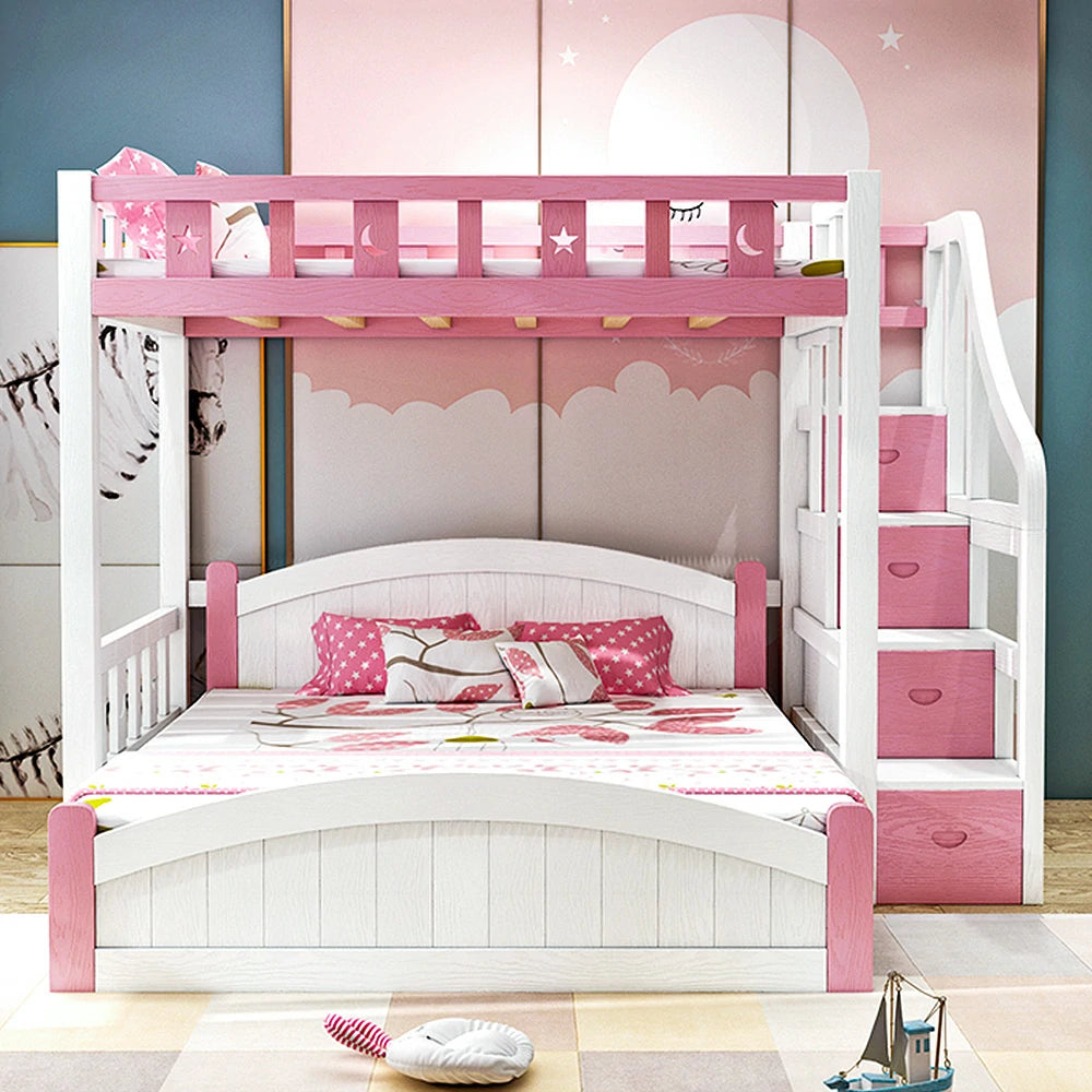 LUXORA Bunk Bed 120/135/150cm - Eco-Friendly Solid Wood, Reinforced Legs with Protective Edging, Wide Ladder Cabinet, Safe and Durable Design - Pink