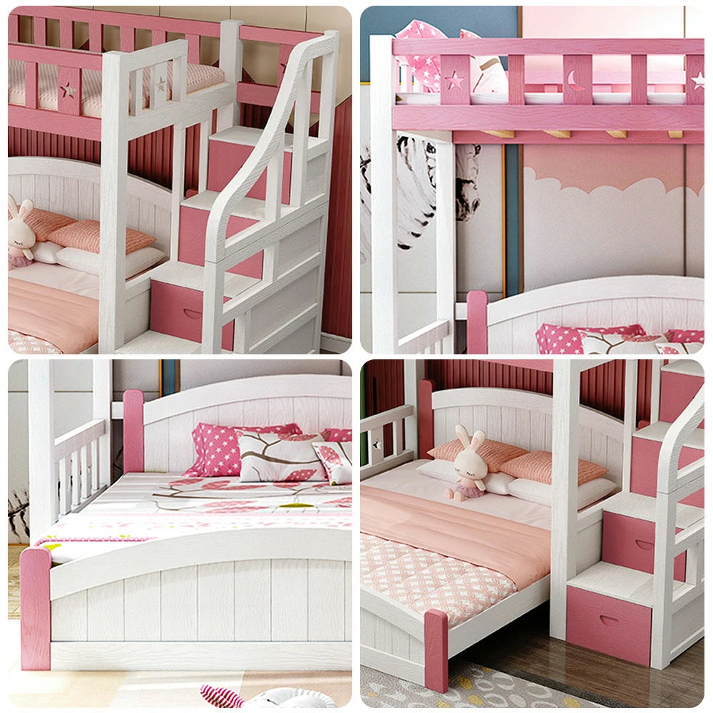 LUXORA Bunk Bed 120/135/150cm - Eco-Friendly Solid Wood, Reinforced Legs with Protective Edging, Wide Ladder Cabinet, Safe and Durable Design - Pink