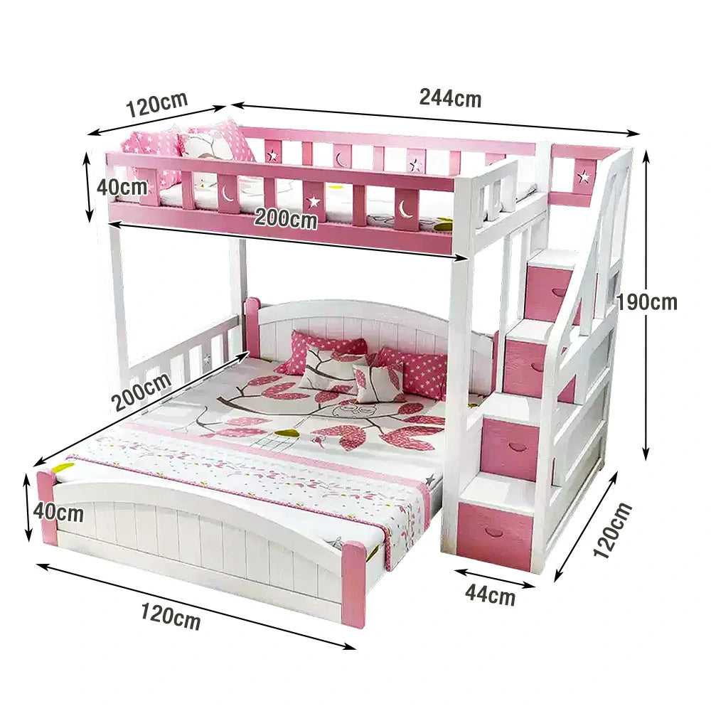 LUXORA Bunk Bed 120/135/150cm - Eco-Friendly Solid Wood, Reinforced Legs with Protective Edging, Wide Ladder Cabinet, Safe and Durable Design - Pink
