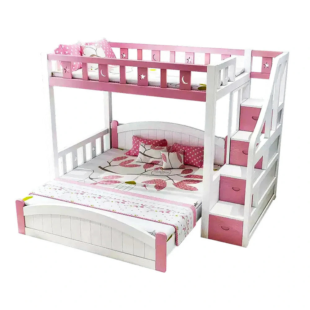 LUXORA Bunk Bed 120/135/150cm - Eco-Friendly Solid Wood, Reinforced Legs with Protective Edging, Wide Ladder Cabinet, Safe and Durable Design - Pink