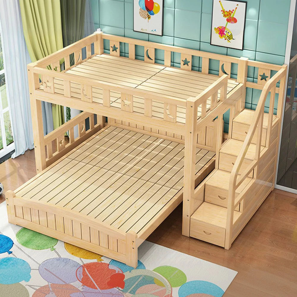 LUXORA Bunk Bed 120/135/150cm - Eco-Friendly Solid Wood, Reinforced Legs with Protective Edging, Wide Ladder Cabinet, Safe and Durable Design - Wood